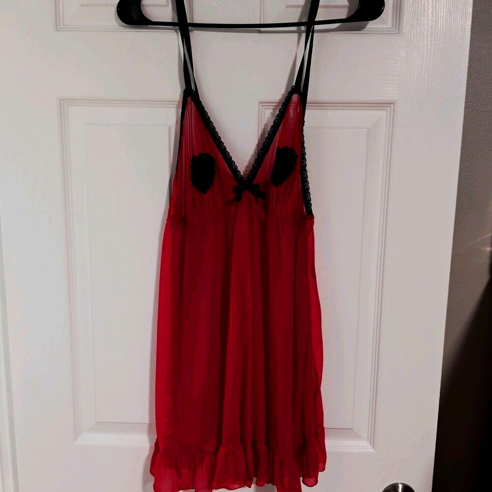 Secret Treasures Mesh Lace Trim Chemise Nightgown Red/Black V-Neck Plus 2X